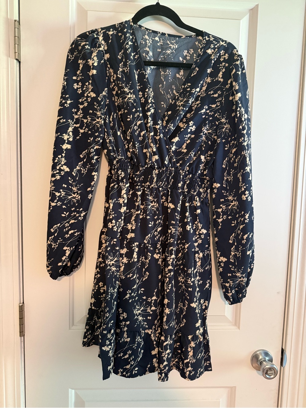 Navy Floral Long-Sleeve Elastic waist Dress